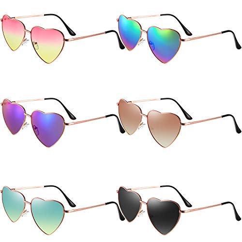 Frienda 6 Pairs Heart Shaped Sunglasses Vintage Heart Frame Multicolor Metal Retro Glasses Women Sunglasses for Summer