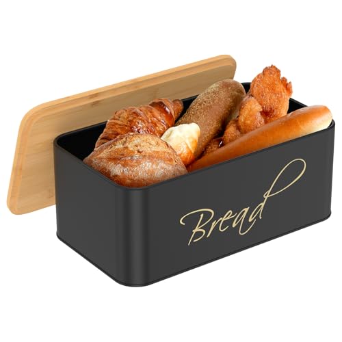 Panera, panera de metal con tapa de bambú reversible, 33 × 19 × 13 cm, pequeño contenedor negro para pan casero, organizador de almacenamiento multifuncional para levadura