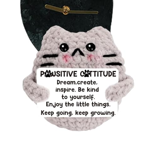 Qkbuza Gatto all'uncinetto | Animali ispiratori fatti a mano all'uncinetto con biglietto positivo, portachiavi ornamento artigianale gattino bambola ciondoli per ragazze ragazzi bambini adolescenti