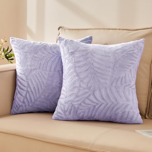 SOCHOW Decorative Throw Pillow Covers 18x18 Inches Set of 2, Soft Leaves Textured Flannel Fleece Pillowcase Square Cushion Covers for Sofa Couch Bed, Lilac