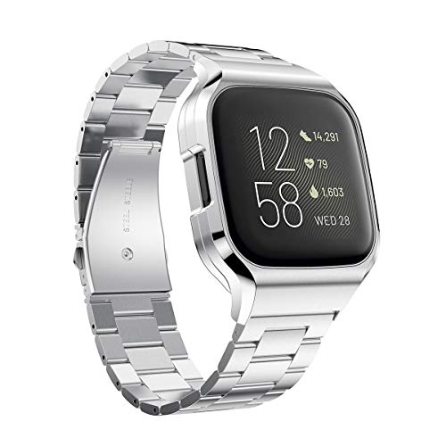 T-ENGINE Compatible with Fitbit Versa 2 Bands Easy Installed, Stainless Steel Protective Case Bumper with Ultra Thin Bands for Men & Women