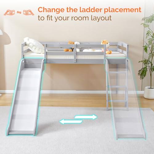 JOYMOR Bunk Bed with Curved Slide, Low Bunk Bed Twin Over Twin with Slide and Angled Ladder, Solid Pine Wood Frame,14" Safety Guardrail, Anti-Slip Steps (Gray, Twin) - Thumbnail 5