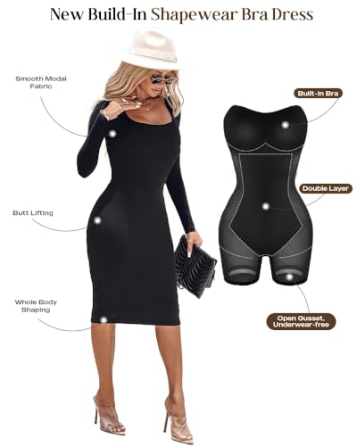 Built in Shapewear Dress for Women Long Sleeve Bodycon Midi Dress with Tummy Control Square Neck Ribbed Party Dress3