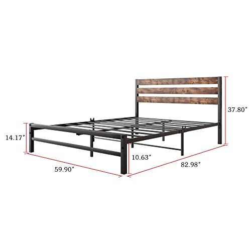 Verfarm Queen Metal Bed Frame With Wooden Headboard, Mattress Foundation, Platform Bed Frame With Strong Steel Slats Support, No Box Spring Needed, Easy Assembly #TOP1