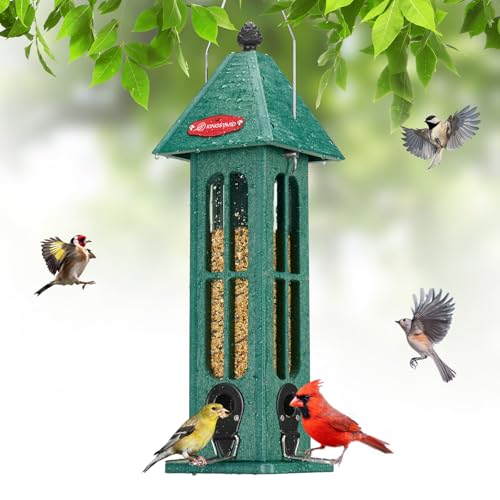 Kingsyard Rainproof Bird Feeder for Outdoor Hanging, 3 lbs Large Recycled Plastic Wild Bird Feeder with 4 Metal Ports, Garden Yard Decorations for Cardinal Finch, Green