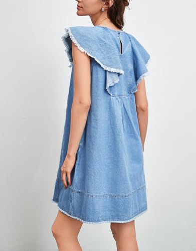 Kedera Denim Summer Dresses for Women Ruffle Short Sleeve V Neck Mini Jean Dress Romper Babydoll Jean Sundress2