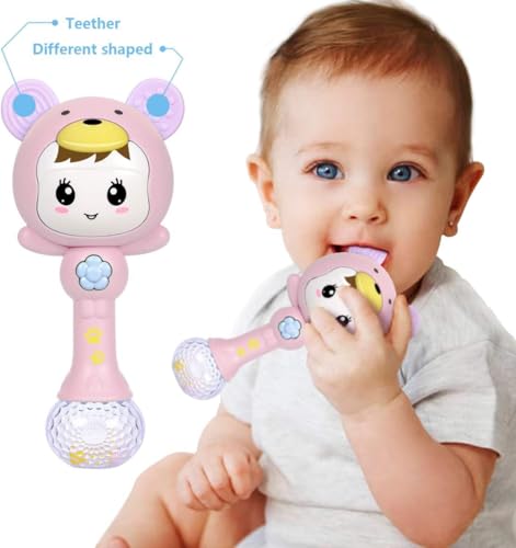 Image of Educational Baby Rattle, Electronic Light Musical Teether - Baby Sensory Sound Toys, 3-12 Months (Baby Pink)