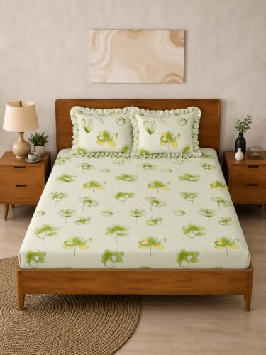 Image of Cotton Feel King Size Flat Bedsheet for Double Bed (90 x 100 Inches | 230 x 250 cm) with 2 Pillow Covers | Soft & Smooth Printed Bedsheet for Daily Use (NEWGREENFRILL, King Bed-90x100)
