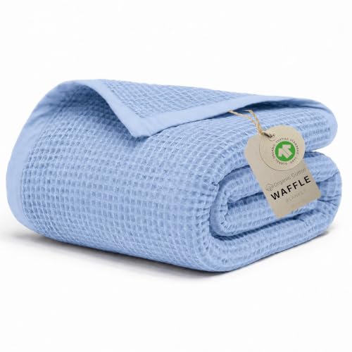 Image of GOTS Certified 108 inchX90 inch King 100% Organic Cotton Waffle Blanket-Powder Blue | Premium Waffle Blankets & Throws for Bed, Throw Blanket for Couch, Modern & Cozy Blanket, All Season, Comfy and Soft Blankets