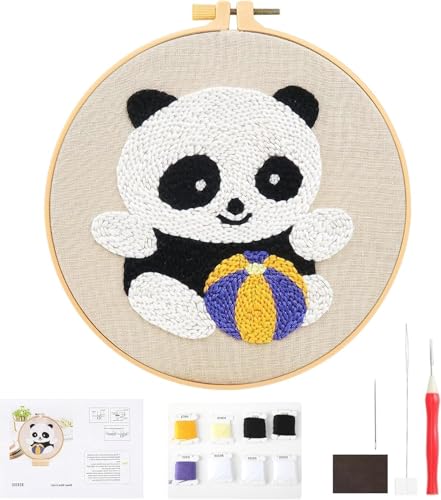 Kit De DéMarrage Punch Needle Panda, Diy Handcraft Punch Needle Broderie, Cadre Circulaire Broderie Debutant ,Convient pour la fête des mères, la fête des enfants et d'autres festivals comme cadeaux