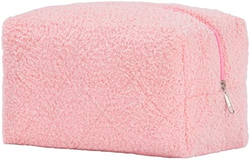 SUEBONI Makeup Bag Cosmetic Bag for Women – Quilted Terry Towelling Makeup Bag – Pink Gingham Lining Large Capacity Travel Toiletry Bag Accessories Organizer (Pink)