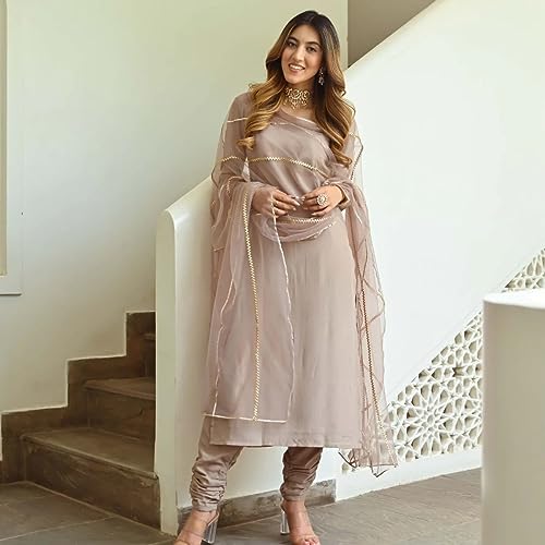 Image of GoSriKi Women's Cotton Blend Straight Solid Kurta with Pant & Dupatta