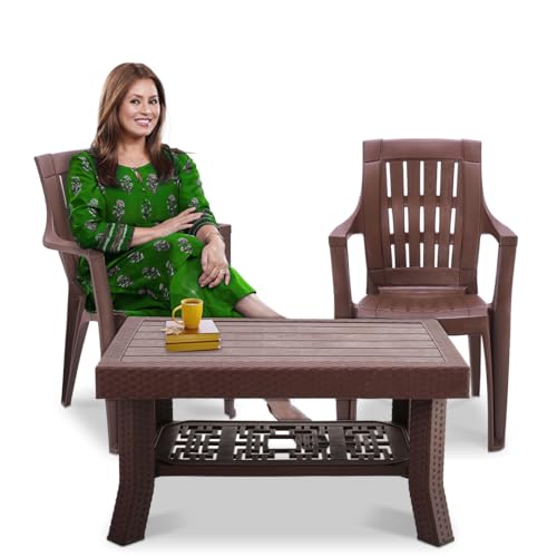 Image of MAHARAJA Classic Plastic Table & Chair Set | Elegant Design, Sturdy Build | Perfect for Home, Office & Garden Use (Brown, 2 Chair+1 Table)