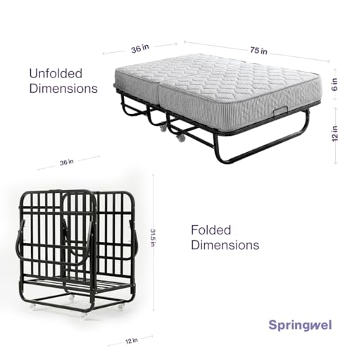 Image of Springwel Ultimate Rollaway Folding Metal Single Bed | 6 - Inch Foldable Mattress for Extra Comfort | Lockable Wheels | 190x90 cm | Black