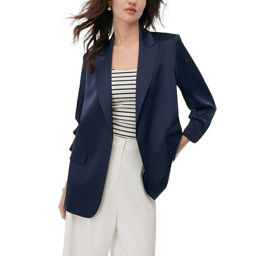 Women's Navy Blue Blazer, 3/4 Ruched Sleeves, Triacetate Material, Professional Wear