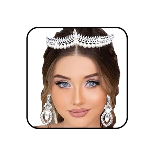 Obmyec Wedding Pearl Crystal Head Crown Silver Earring Tiaras Queen Rhinestone Headpiece Bridal Sparkly Party Hair Accessories for Women
