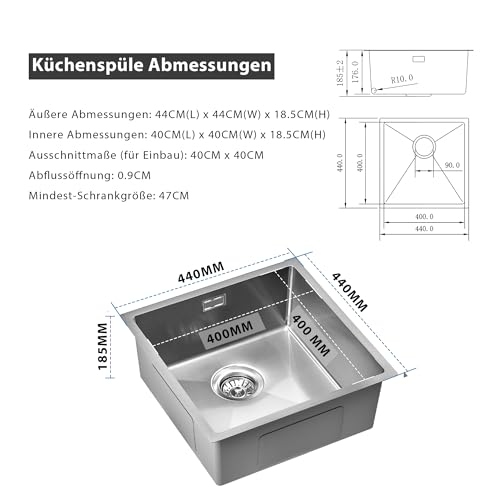 Doirteal 44x44 cm Nano-Silber Edelstahlspüle – 304 Edelstahl Küchenspüle Unterbau, Kratzfest, Einzelbecken mit X-Ablauf & Schallschutz, Waschbecken für Küche & Wohnmobil