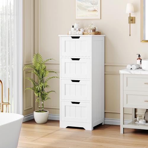FOTOSOK Bathroom Storage Cabinet, Bathroom Cabinet with 4 Drawers, 11.8” x 11.8” x 32.5” Freestanding Entryway Cupboard Storage Organizer Unit Home Furniture Decor, White - Thumbnail 2