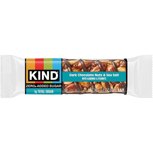 Image of Kind Zero Added Sugar Healthy Snacks Bars, Dark Chocolate Nuts & Sea Salt, Gluten Free, High Fiber, Keto Snacks, 5g Protein, 30 Count | A pre-workout boost with 0g added sugar, 5g protein and 4g net carbs. These crunchy, keto-friendly nut bars are gluten free.