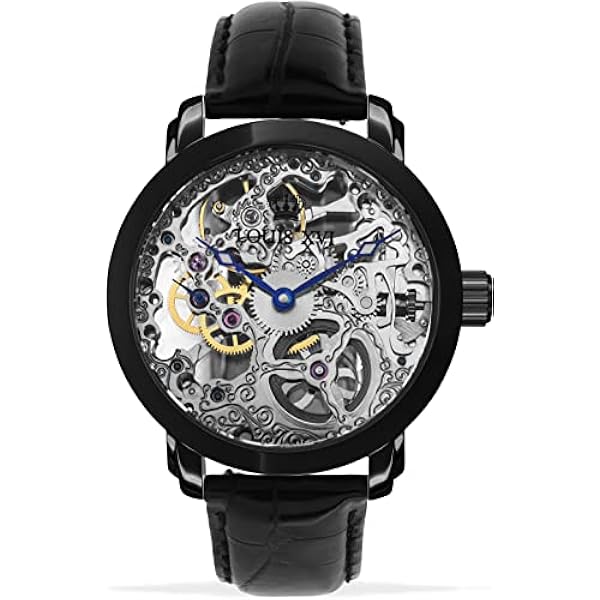 LOUIS XVI Herrarmbandsur Versailles svart handhiss mekanisk skelett analog äkta läder svart 335, svart, Bälte