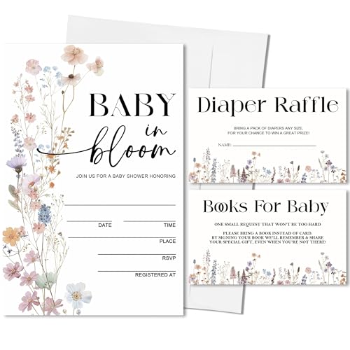 Vodbok Set of 25 Baby Shower Invitations,Baby In Bloom Baby Shower Invites With Envelopes,Book Request Cards,Diaper Raffle Tickets,Gender Reveal Party Decorations & Supplies-A05