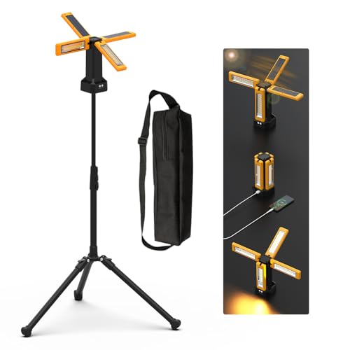 iodoo Projecteur de Chantier LED à Batterie Solaire Avec Trépied, Batterie D'une Capacité de 13200 mAh, Lampe Chantier Luminosité de 8000 Lumens, Pour Activités Extérieures, Camping en Plein Air
