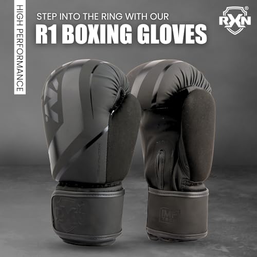 Image of RXN R1 Boxing Gloves with Microfiber Thumb, Premium, High-Performance & Durable for Men, Women & Kids, Training, Kickboxing, Taekwondo, MMA, Muay Thai & Martial Arts (Black, 8oz)