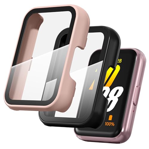 Suoman 2-Pack for Samsung Galaxy Fit3 Case, Full-Coverage Tempered Glass Screen Protector, Hard PC Bumper Protective Cover -Black+Pink