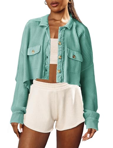 Image of Panadila Women's Cropped Waffle Knit Shacket Short Button Down Jacket Batwing Sleeve Shirts with Pocket