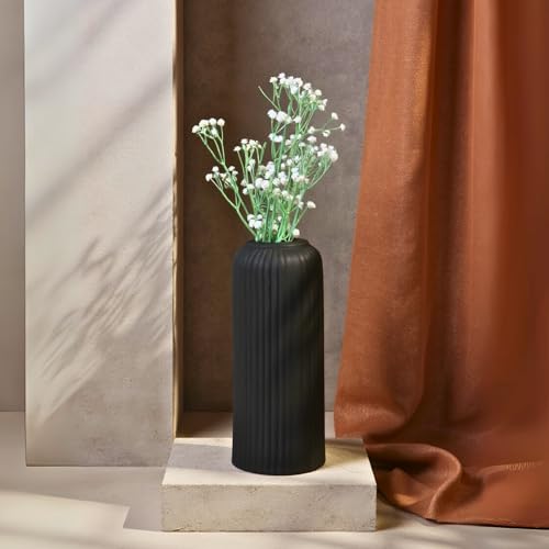 Image of KREATIVE ART'S Modern Ribbed Design Ceramic Flower Vase for Living Room, Flower Pots for Artificial Flower, Home Decoration Item, Home Decor, Vases for Living Room (Black, Large)