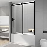 Sunrosa Semi-Frameless Glass Shower Door 59-2/8"×60", Single Sliding Shower Door with Handle, Bathtu