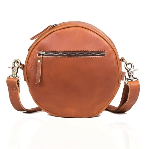 Leather Crossbody Bags for Women Trendy Circle Cross Body Shoulder Bag Designer Round Purses (Tan)3