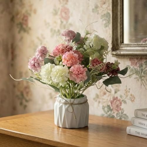Image of Dekorly Artificial Lavender Plant in White Pot, 18cm - Realistic Faux Flower Arrangement for Home & Office Decor (Set of 1) (1, Small Chrysanthemum)