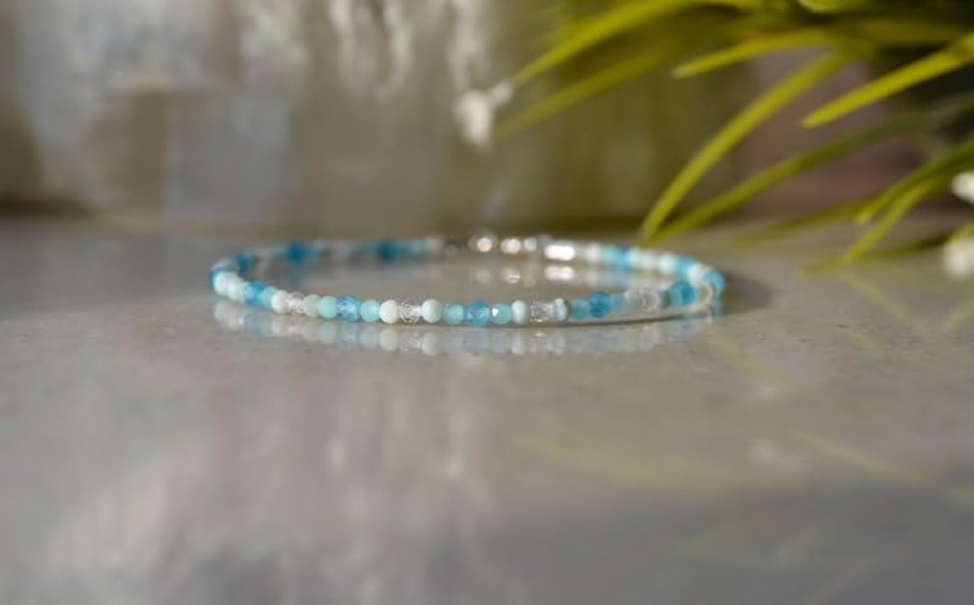 Larimar Round Beaded Bracelet with Silver Lock, Adjustable