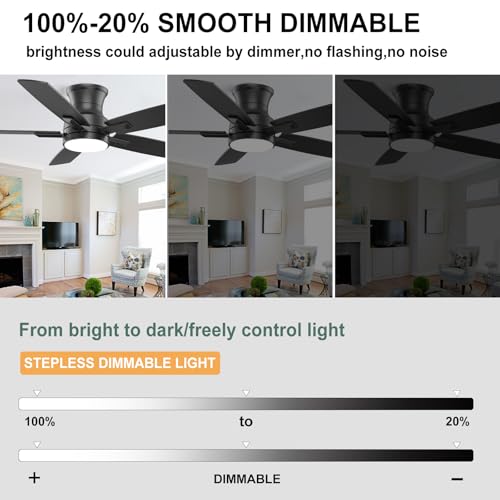 YUHAO 42 Inch Flush Mount Black Ceiling Fan with Light and Remote Control.Noiseless,Dimmable,3CCT,6 Speeds Reversible, Low Profile DC Ceiling Fans for Indoor or Covered Outdoor Use,ETL Listed thumbnail 6