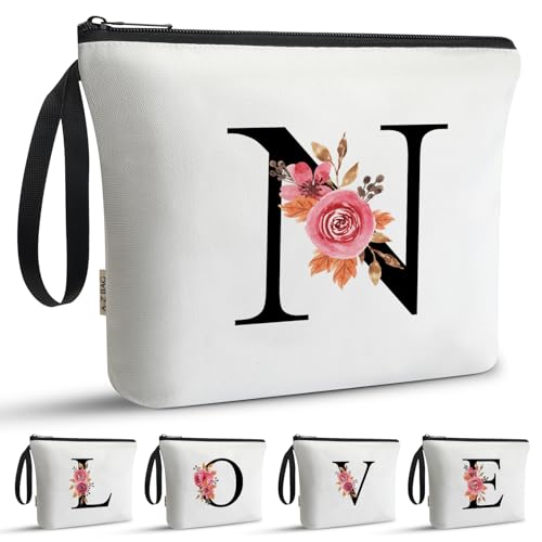 A-Z BAG Initial Makeup Bag for Women, Bridal Bridesmaids Gifts (N, White)