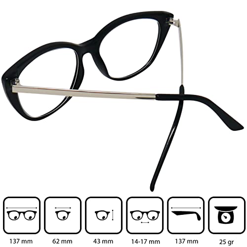 Mini Brille, Cat Eye Reading Glasses with Large Lenses, including FREE Trendy Case, Plastic Frame with Metal Temples (Black) - Image 3