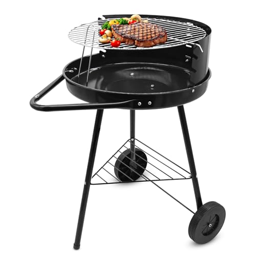 Barbacoa con ruedas y rejilla ajustable – 68 x 42 cm – Barbacoa móvil de carbón vegetal con ruedas y protección contra el viento – Barbacoa de carbón vegetal barbacoa redonda barbacoa para camping