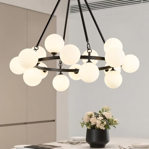 Modern Bubble Chandelier,Mid Century Milk Glass Pendant Light 31.5",Round Sputnik