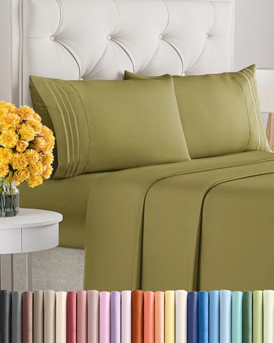 Image of Cal King Size 4 Piece Sheet Set - Soft & Cooling Bed Sheets - Olive Yellow | Fits 8 Inch to 16 inch Mattress, Wrinkle Free & Fade Resistant with Deep Pockets, Breathable, Comfy Hotel Luxury Bedding
