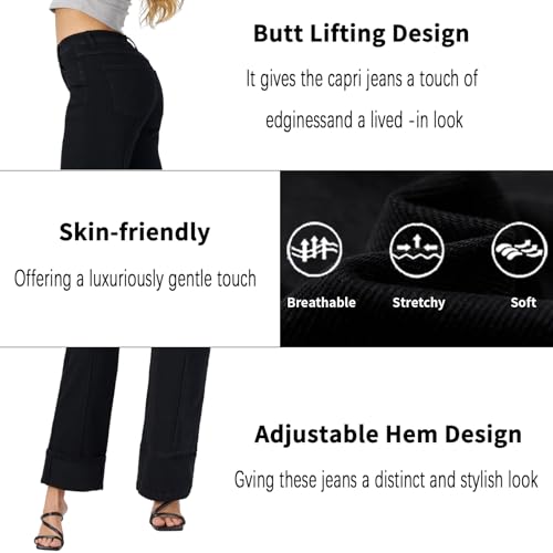 Women's Adjustable Cuffed Straight Leg Petite Jeans Stretchy High Waisted Wide Leg Cropped Denim Pants2