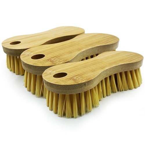 Wooden Bamboo Scrubbing Brush – Bamboo Floor Scrubbing Brush Easy Grip Heavy Duty to use as Floor Brush, Carpet Brush, Bathroom Cleaning Brush etc - Pack of 3