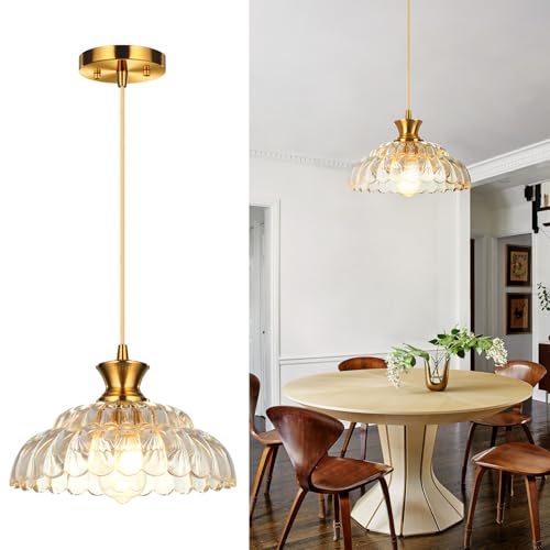 Hnexsei Moderna lámpara colgante de cristal con casquillo E26 dorado, cable ajustable y pantalla con textura ámbar, lámpara de techo para cocina, comedor, dormitorio