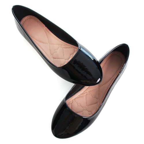 SAILING LU Ballet Flats Shoes for Women Dressy Comfortable Round Toe Slip On Patent Leather Ladies Flat Work Dress Shoes Black Size 10