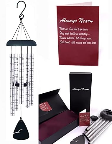 Memorial Wind Chimes Gift Set for Loss of a Loved one Silver 35" Long deep Tones Chimes Always Near Poem Remembrance/Memorial Chimes Gift Set, Sympathy Card and Gift Box Included