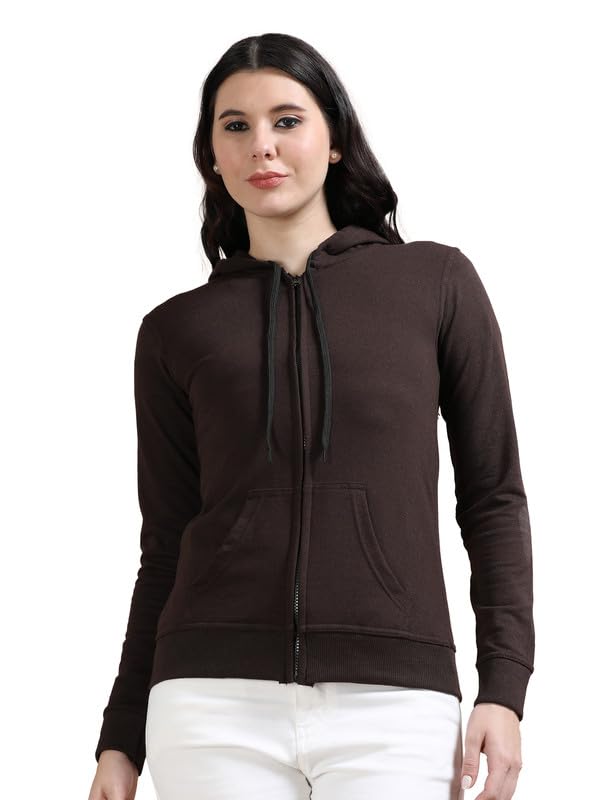 Image of Wafaa Women's Cotton Plain Hooded Neck Full Zipper Sweatshirt Hoodies with Kangaroo Pocket