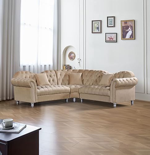 Canapé d’Angle Chesterfield en Tissu Beige – Confortable et Spacieux pour Le Salon – Style Classique avec Détails Capitonnés – Canapé d’Angle