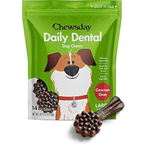 Chewsday Large Cinnamon Clean Daily Dental Dog Chews, Made in The USA, Natural Highly-Digestible Oral Health Treats for Healthy Gums and Teeth – 14 Count