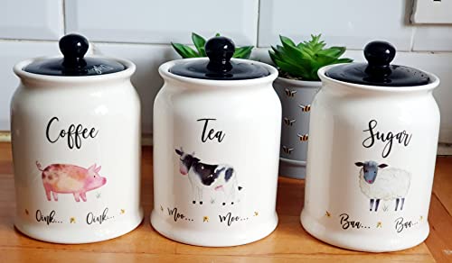 Unusual tea coffee sugar jars with farmyard animals decoration