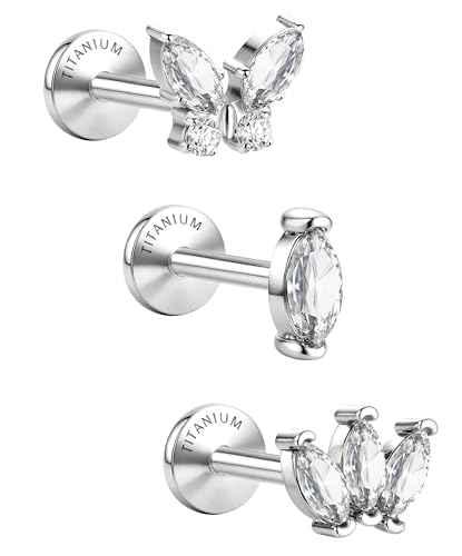 GEMQUEEN Medical Grade Titanium Earrings Screw Back: Hypoallergenic 18G Flat Back Earrings Internally Threaded Tragus Cartilage Conch Helix Piercing Jewelry Lip Stud for Women Sensitive Ears